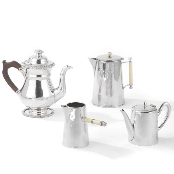 A TEA POT, A MILK POT, AND OTHER TWO TEA POT IN SILVER PLATED METAL
