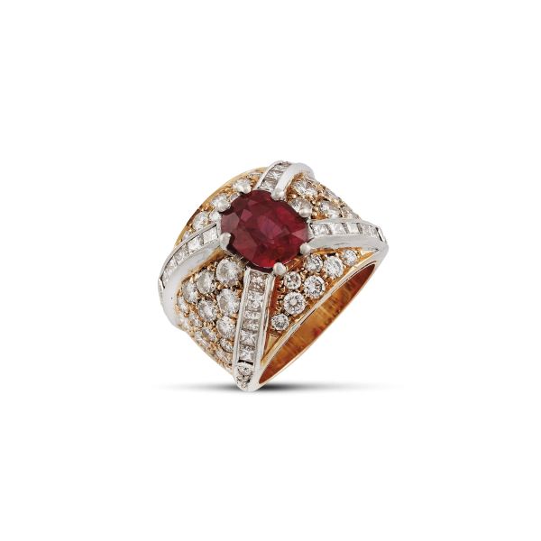 RUBY AND DIAMOND WIDE BAND RING IN 18KT TWO TONE GOLD