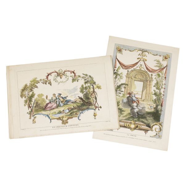 [STAMPE 700]. Lotto di 6 graziose incisioni calcografiche sciolte in stile Rococ&ograve;, colorate a mano, soggetti bucolici, ca. 440 x 320 mm.