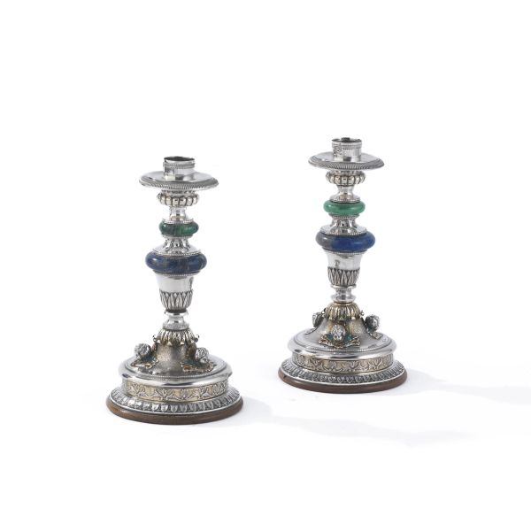PAIR OF SILVER AND SEMIPRECIOUS STONES CANDLESTICKS, PONTIFICAL STATE, END OF 19TH CENTURY