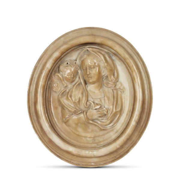 Roman, 17th century, A relief representing the Virgin with a Cherub, marble, within frame, 32x29x3,5 cm