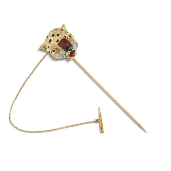 FRASCAROLO LEOPARD HEAD-SHAPED LAPEL PIN IN 18KT TWO TONE GOLD AND ENAMELS