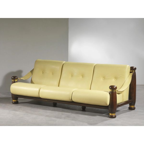 SOFA, WOODEN STRUCTURE, YELLOW LEATHER UPHOLSTERED CUSHIONS