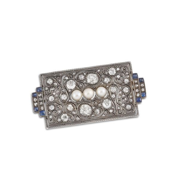 SAPPHIRE DIAMOND AND PEARL BROOCH IN GOLD AND SILVER