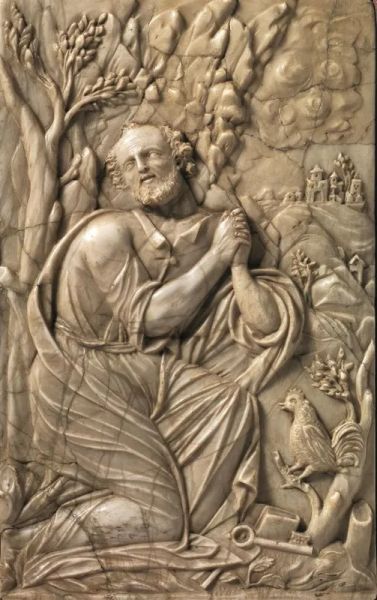 Coppia di bassorilievi, sec. XVII, in alabastro raffiguranti rispettivamente San Pietro e Maria Maddalena, cm 33,5x21, entro cornici in legno e velluto, cm. 47x34, restauri