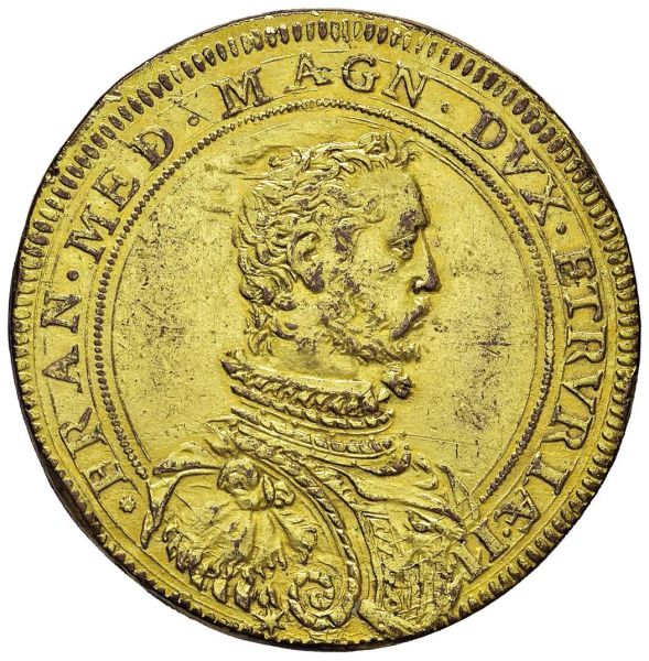 FIRENZE FRANCESCO I DE&rsquo; MEDICI (1574-1587) PROVA DELLA PIASTRA CONIATA IN BRONZO DORATO 1579