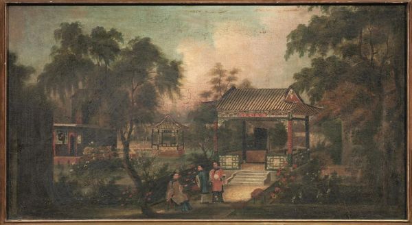 Dipinto, Cina sec. XIX, su tela, raffigurante dame in giardino di un palazzo , cm 42x76.5, in cornice, parzialmente dorata