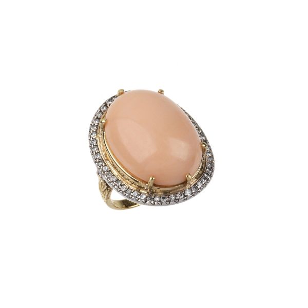 ROSE CORAL AND DIAMOND RING IN GOLD AND SILVER