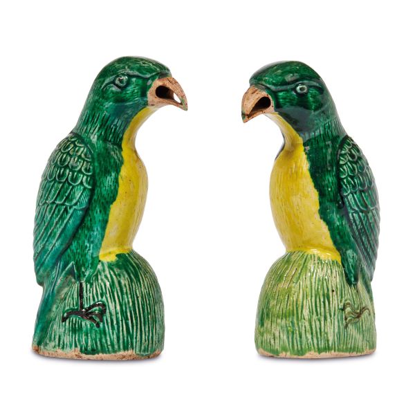 



A PAIR OF GREEN AND YELLOW-GLAZED PORCELAIN PARROTS, CHINA, QING DYNASTY, 18TH CENTURY