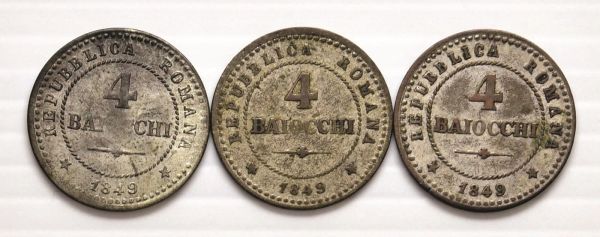 SECONDA REPUBBLICA ROMANA (1848-1849) TRE MONETE DA 4 BAIOCCHI 1849