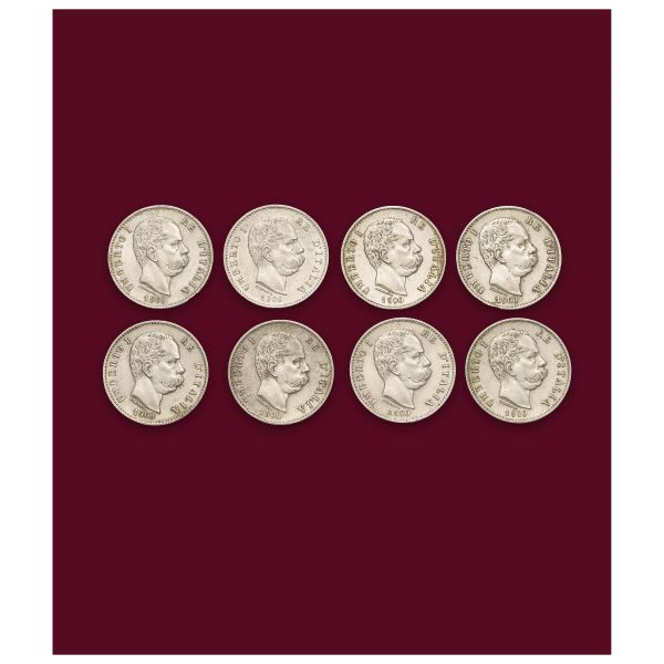 Umberto I (1878-1900) – Insieme di 8 esemplari da 1 Lira 1900 –  Zecca: Roma