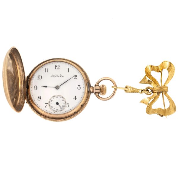 



WALTHAM LOW TITLE GOLD POCKET WATCH WITH A BOW BROOCH