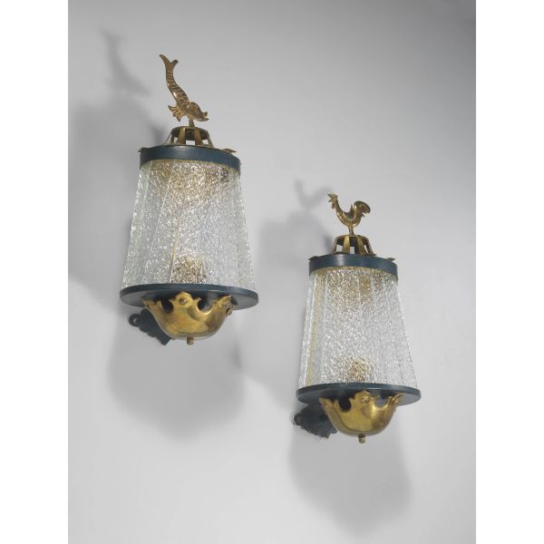A PAIR OF APPLIQUES, ENAMELED METAL, BRASS AND GLASS