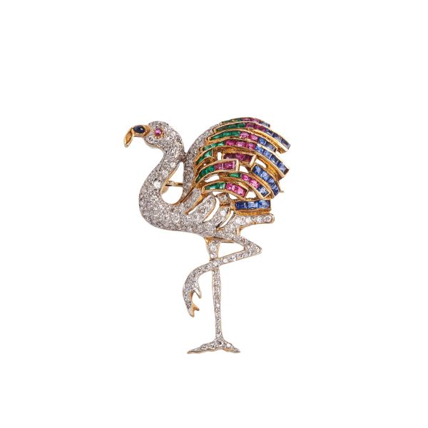 



MULTI GEM FLAMINGO BROOCH IN 18KT TWO TONE GOLD