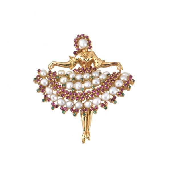 PEARL RUBY AND EMERALD BALLERINA BROOCH IN 18KT YELLOW GOLD