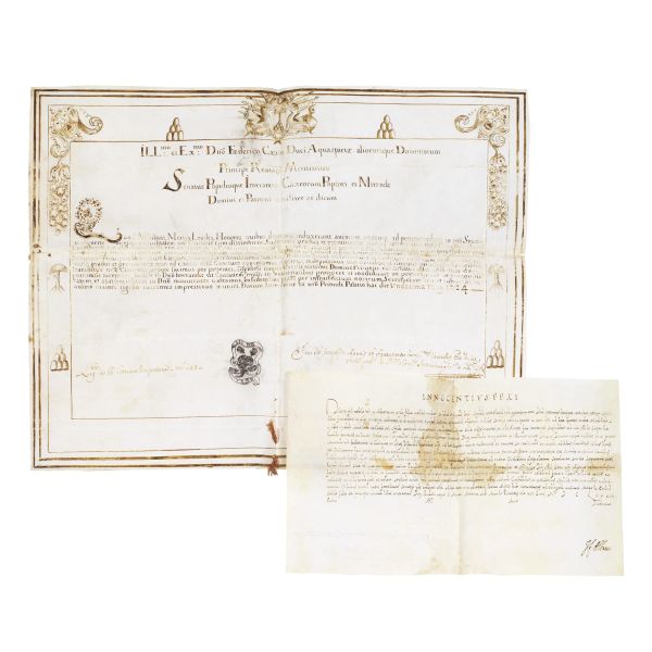 Lotto di 2 pergamene manoscritte. XVII-XVIII secolo.