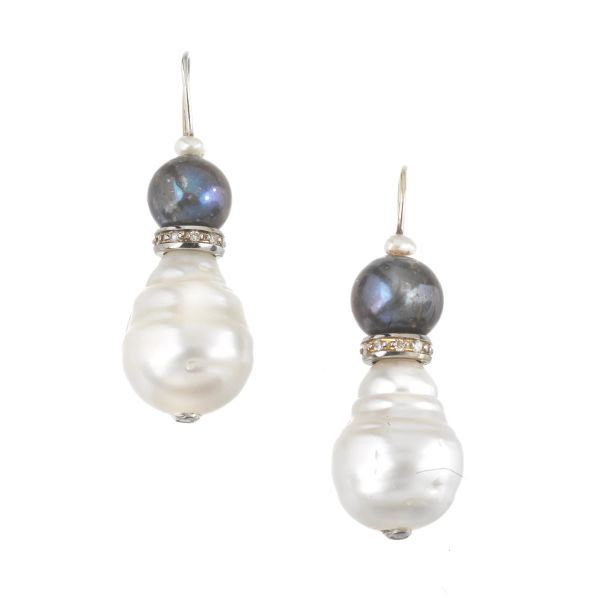 BAROQUE PEARL AND DIAMOND DROP EARRINGS IN GOLD AND SILVER