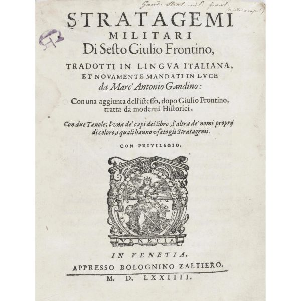 Frontino, Sesto Giulio. Stratagemi militari. Venezia, Zaltieri, 1574.