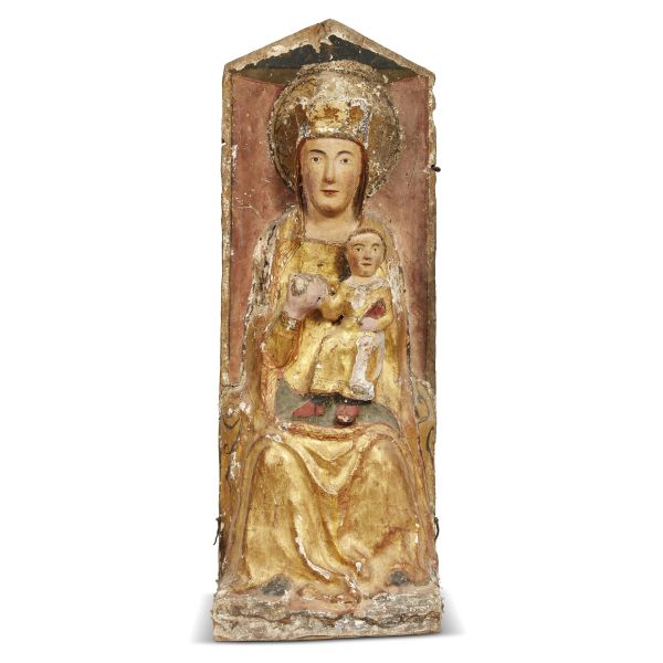 Umbrian School, 14th century, Madonna entrhoned with the Baby, wood and polychromed materials, cm 93x35x21,5