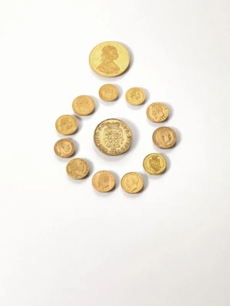  Lotto di tredici monete in oro, Hanover, 2 e mezzo Thaler 1845, Prussia, 20 