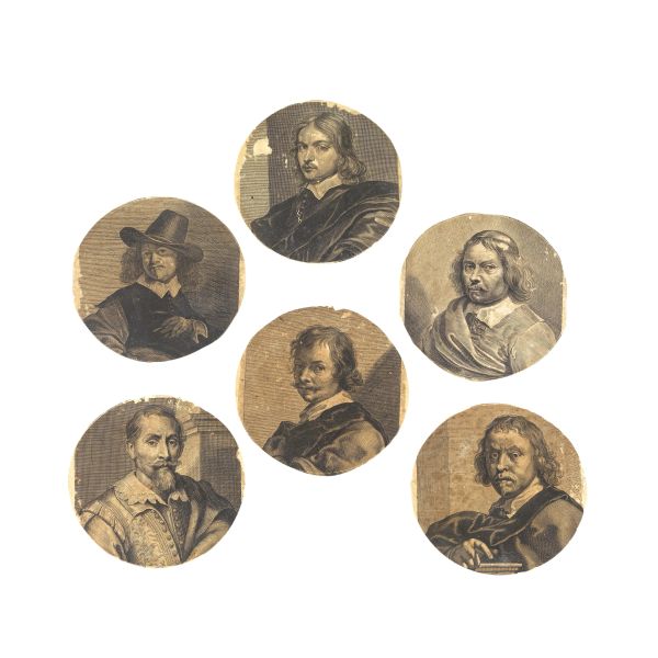 Lotto di 6 ritratti calcografici di pittori olandesi. XVIII secolo.   Controfondati o intelati, diametro ca. 12&deg; mm.