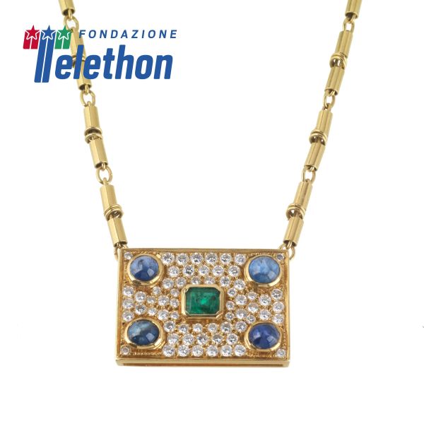 COLOURED STONE AND DIAMOND NECKLACE IN 18KT YELLOW GOLD