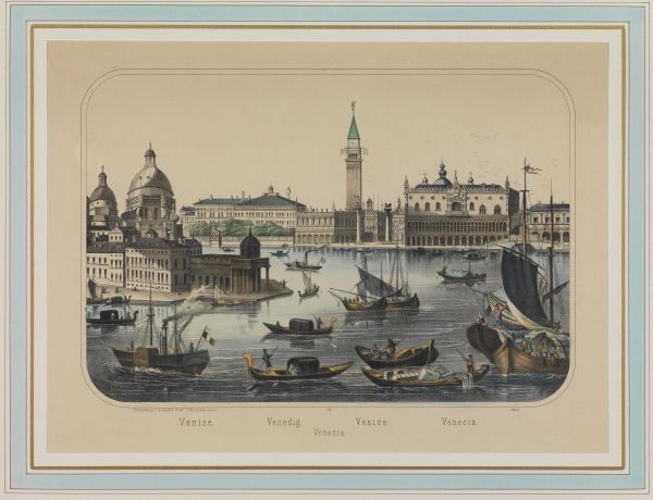      Stampa colorata raffigurante veduta di Venezia con barche, cm 40x54 ca., 67x87 in cornice 