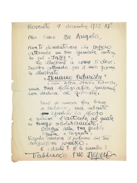 (Futurismo) DEPERO, Fortunato. Lettera autografa a Rodolfo De Angelis, datata &ldquo;Rovereto 9 dicembre 1932&rdquo;