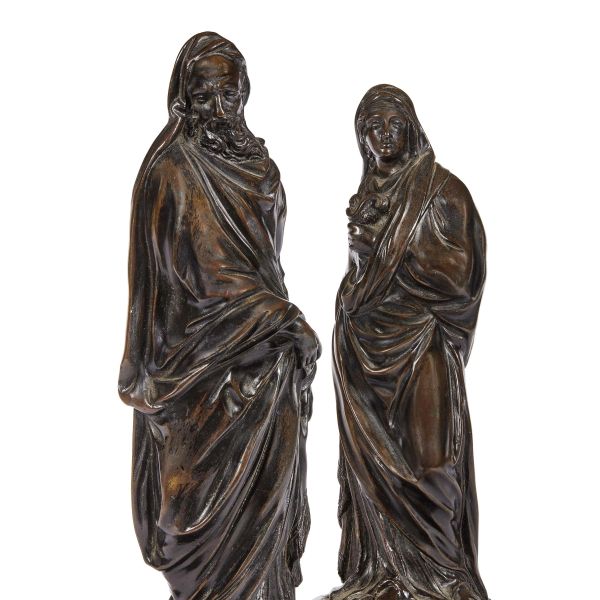 Florence, 18th century, A pair of allegorical figures, bronze, 23,2x8x7 cm, on black marble bases (bases 2,6x9x9 cm)