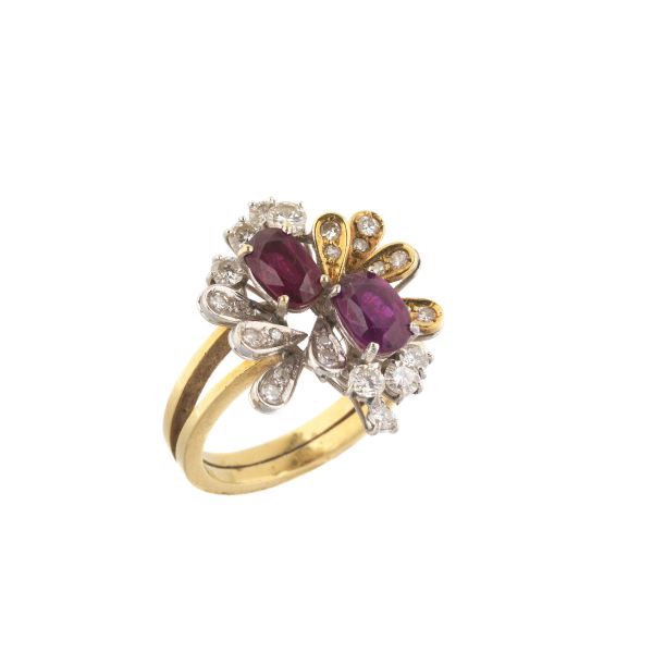 RUBY AND DIAMOND FLORAL RING 18KT TWO TONE GOLD