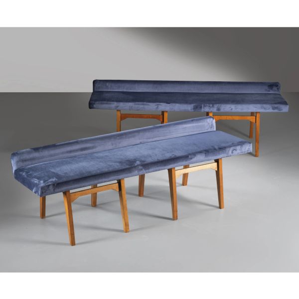 A COUPLE OF WOODEN BENCHES, FABRIC UPHOSTERED