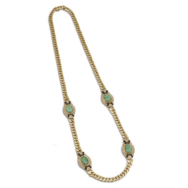 LONG JADE DIAMOND AND ENAMEL CURB NECKLACE IN 18KT YELLOW GOLD