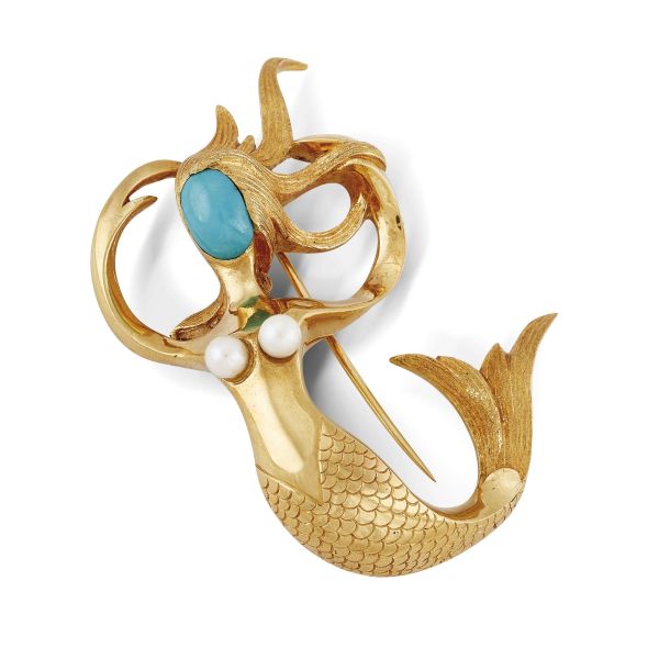 SERAFINI MERMAID-SHAPED BROOCH IN 18KT YELLOW GOLD