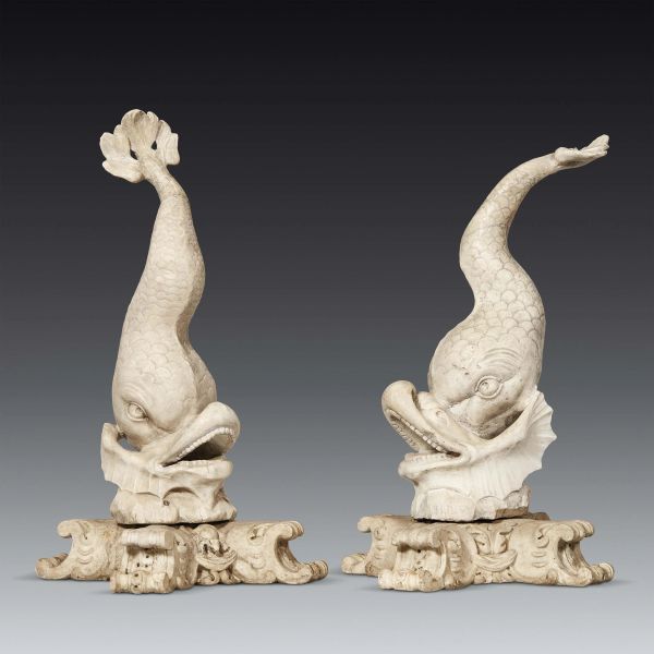 A Genoese sculptor of 17th century, a pair of marine monsters, marble 