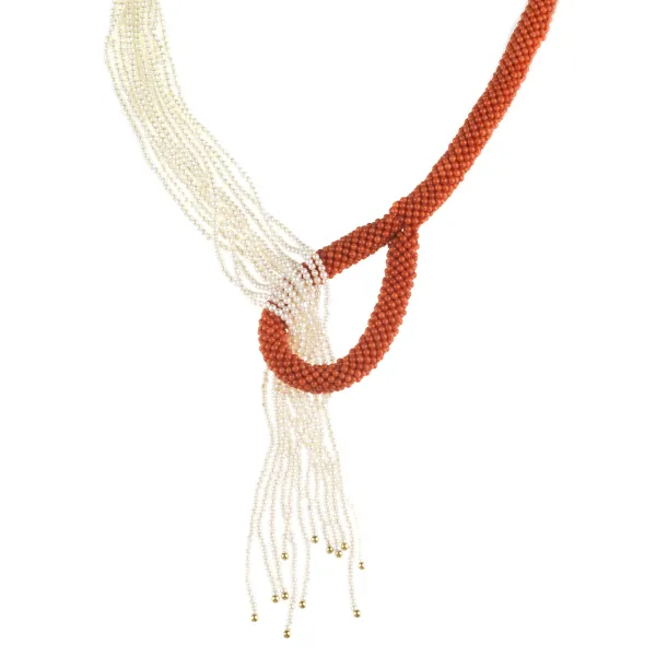 LONG PEARL AND CORAL SCARF NECKLACE