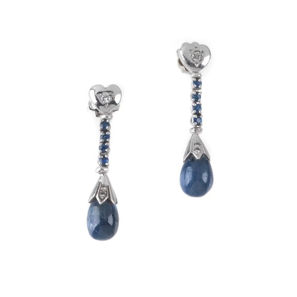 SAPPHIRE AND DIAMOND DROP EARRINGS IN 18KT WHITE GOLD