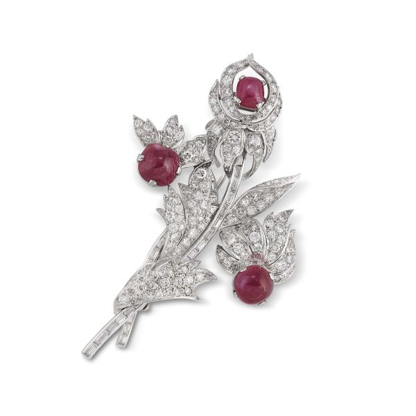 FLOWERING-BRANCH RUBY AND DIAMOND BROOCH IN 18KT WHITE GOLD