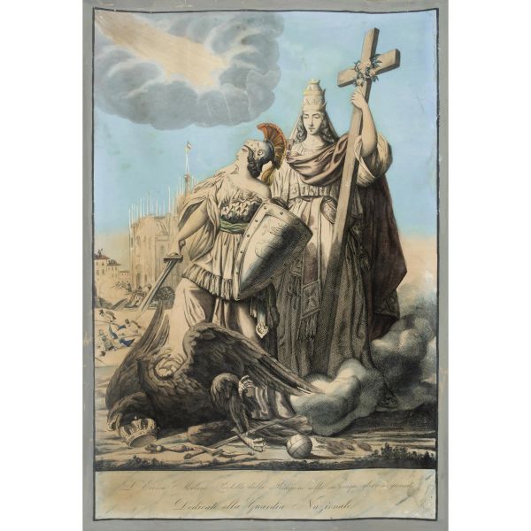 Lodigiani, Scipione. L’eroica Milano protetta dalla religione nelle sue cinque gloriose giornate, dedicato alla Guardia Nazionale. Milano, metà del XIX secolo. 