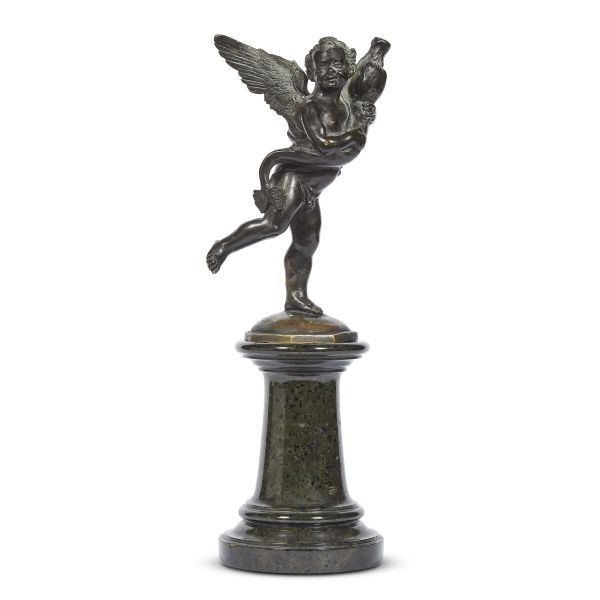 After Verrocchio, 19th century, Putto with dolphin, bronze h. 23,5 cm on a marble base 40,5x18x16 cm (overall)