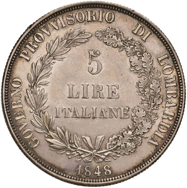      MILANO. GOVERNO PROVVISORIO DI LOMBARDIA. 5 LIRE 1848 