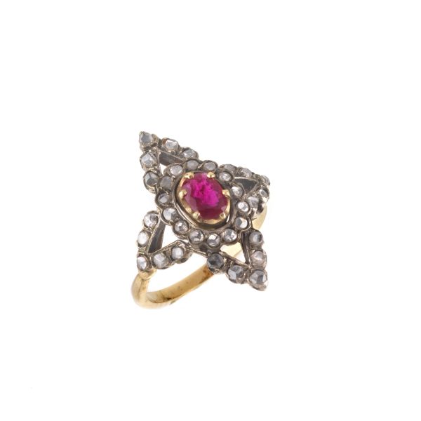 RUBY AND DIAMOND LOZENGE RING IN GOLD AND SILVER