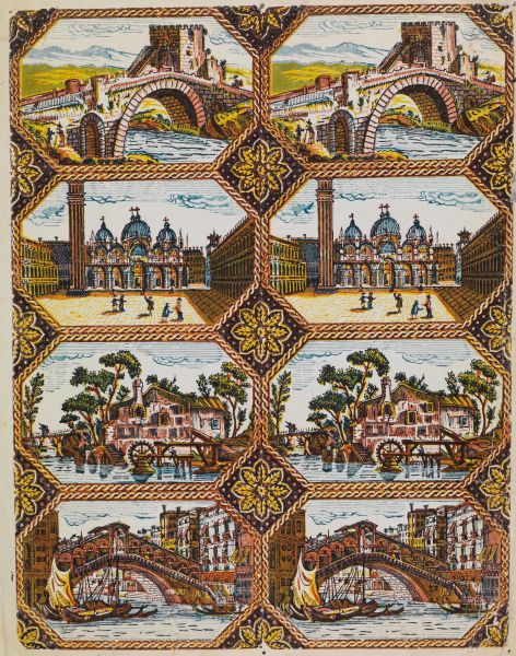      Stampa a colori raffigurante quattro vedute duplicate della città di Venezia, cm 35x55 circa 