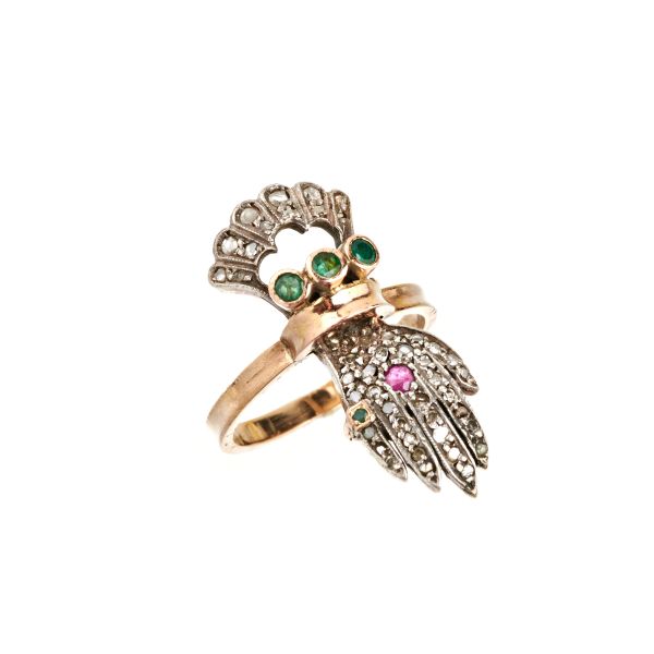 MULTI GEM HAND-SHAPED RING IN GOLD AND SILVER 