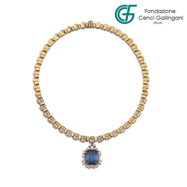 SAPPHIRE AND DIAMOND DROP NECKLACE IN 18KT YELLOW GOLD