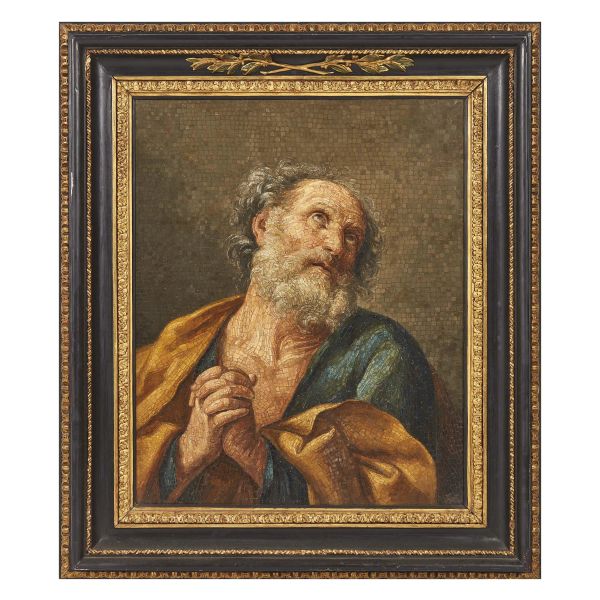 Roman, Vatican Mosaic Studio, first half 18th century, Saint Peter weeping (after Guido Reni), mosaic on iron cassina, 87,5x63 cm, within Salvator Rosa type ebonized and gilt wooden frame, 104x89 cm