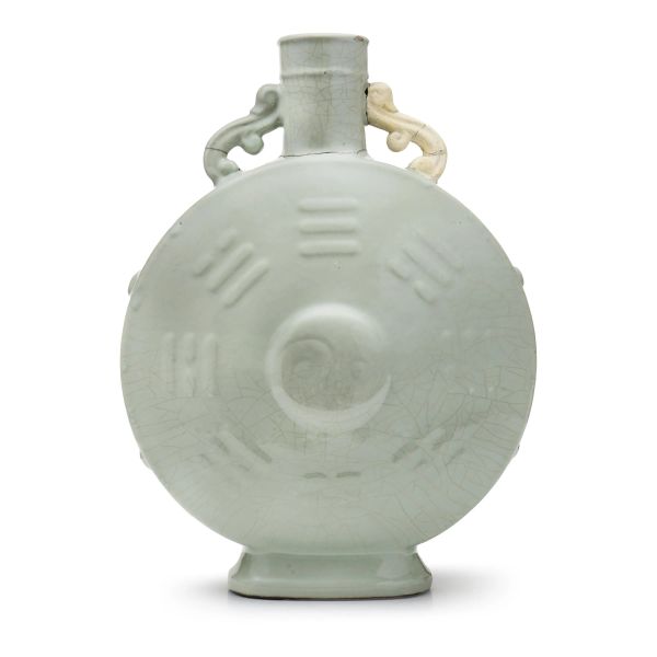 A CELADON-GLAZED PORCELAIN MOONFLASK, CHINA, QING DYNASTY, WITH YONGZHENG MARK 