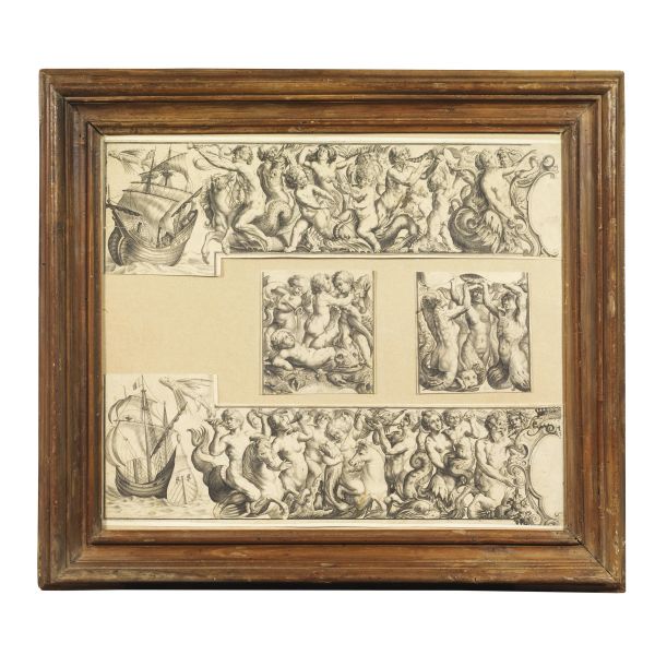 Serie di ritagli di fini incisioni su rame raffiguranti divinit&agrave; e creature marine, e velieri, in cornice di legno naturale (ca. 560 x 494 mm). Fine XVII/inizi XVIII secolo.