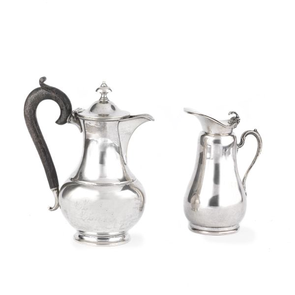 A SILVER EWER, FLORENCE, 20TH CENTURY AND A THERMOS COATED IN SILVER