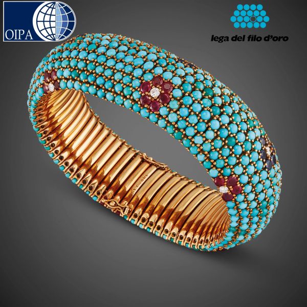BULGARI BRACCIALE A FASCIA CON TURCHESI PIETRE DI COLORE E DIAMANTI