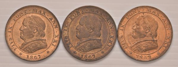STATO PONTIFICIO. PIO IX (1846-1870) TRE MONETE DA 1 SOLDO 1867